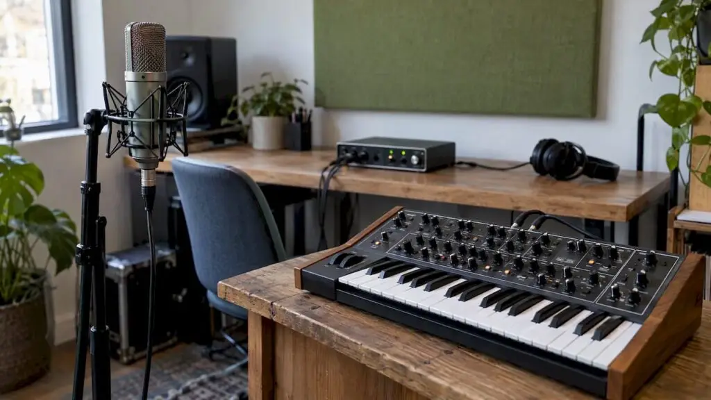 Microfoon en synthesizer aangesloten op audio-interface
