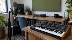 Microfoon en synthesizer aangesloten op audio-interface