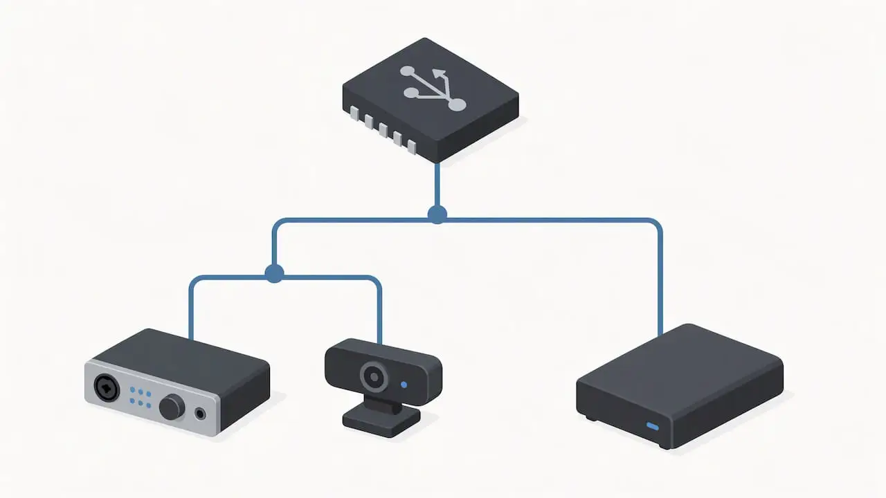 USB controller hub with shared audio interface and webcam
